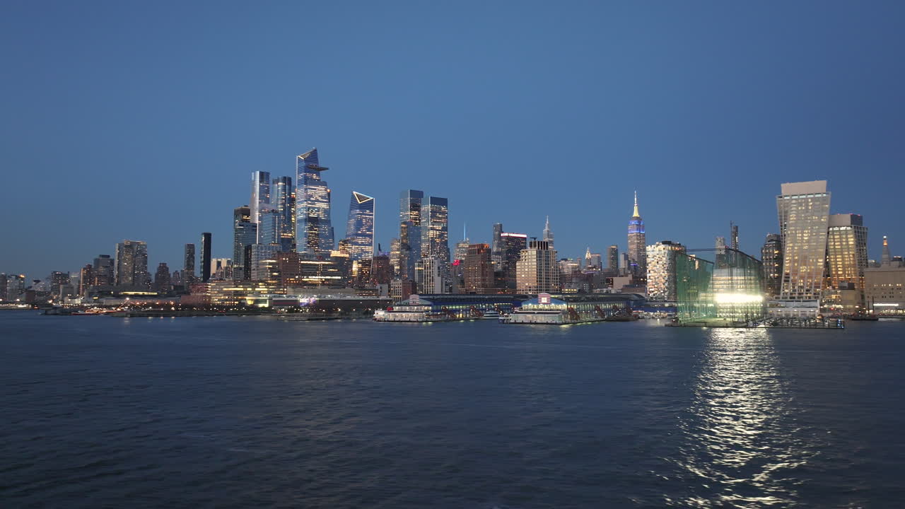 Aerial view of Midtown Manhattan and The Hudson River at night