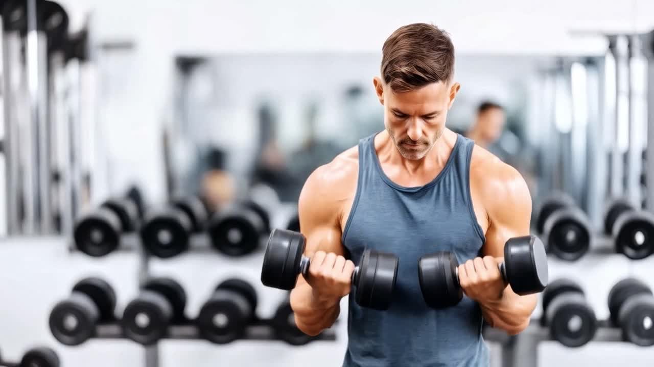 Man exercising with dumbbells in a gym
