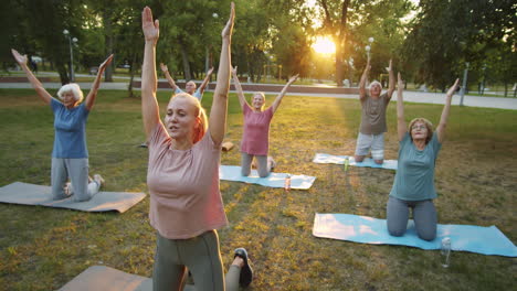 female yoga teacher and senior people exercising in park