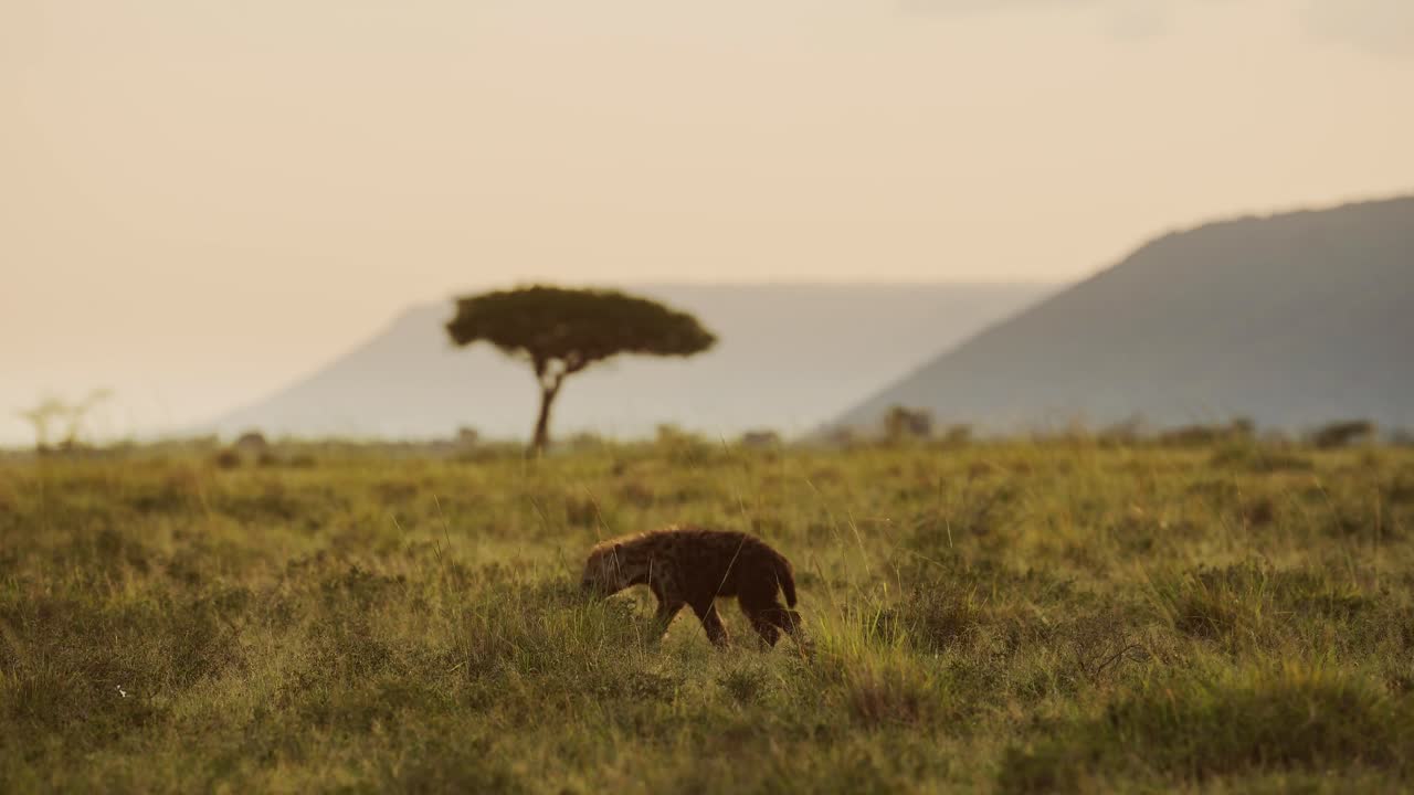fotografía en cámara lenta de una hiena caminando por las llanuras de kenia con un árbol de acacia en el fondo, hermosa composición de la vida silvestre africana en la reserva nacional de maasai mara, kenia, áfrica animales de safari