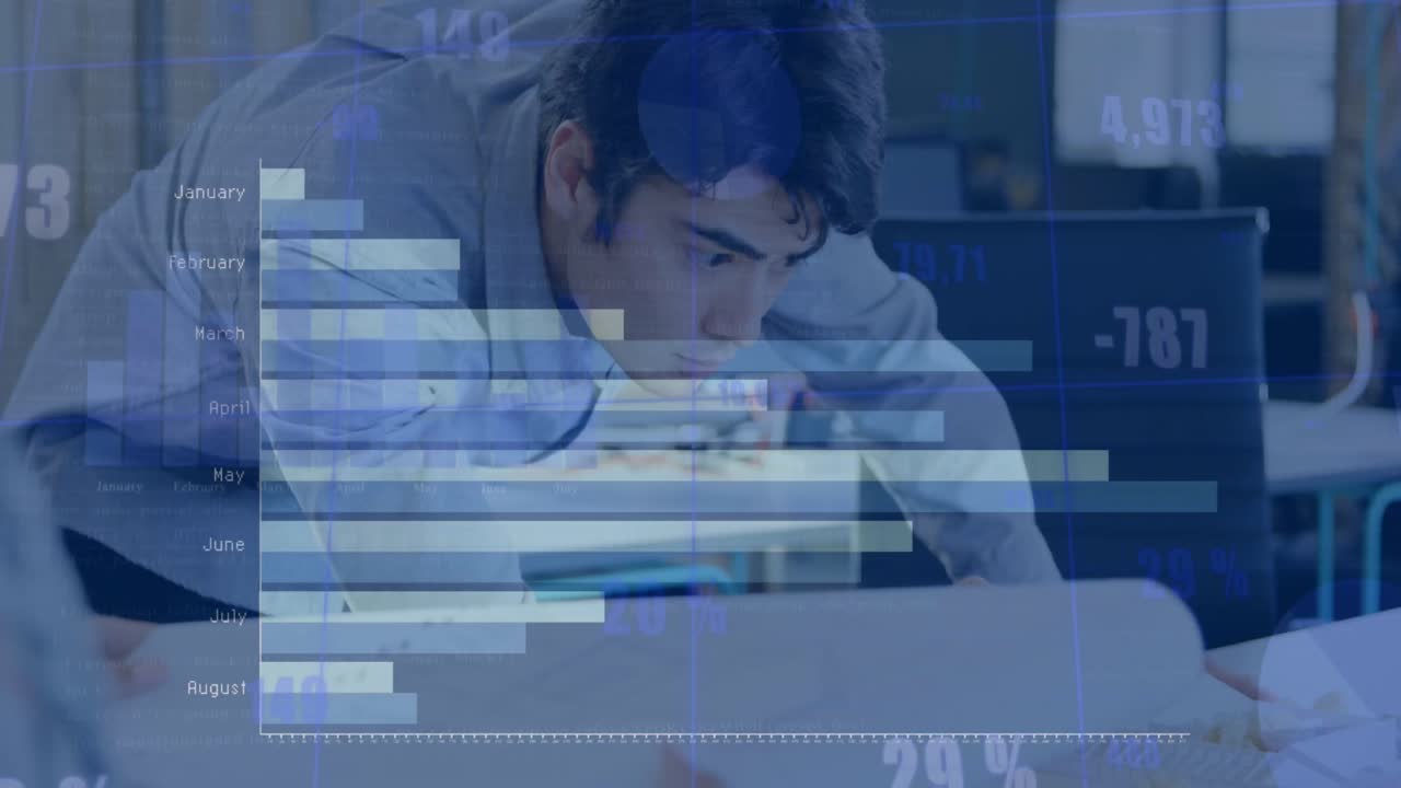 남성 건축가 작업에 대한 금융 데이터 처리의 애니메이션