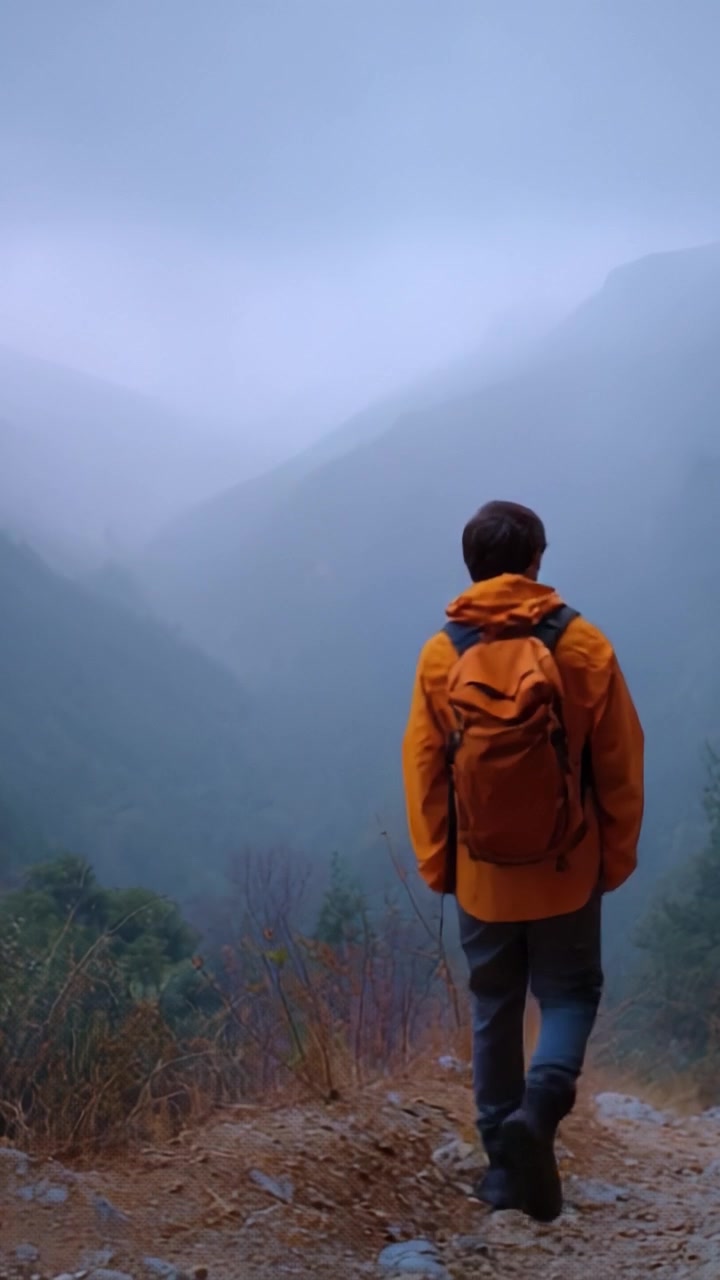 A solitary figure in an orange jacket gazes into the misty mountains, embracing nature's serenity while exploring the secrets hidden within the foggy landscape.
