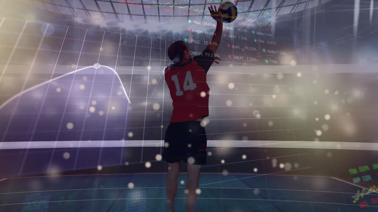볼리볼 선수의 뒤쪽에서 조명과 금융 데이터의 애니메이션