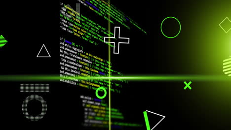 animation of rotating shapes and green scanner beams over data processing on black background