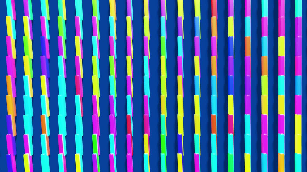 fondo geométrico simple abstracto 3d con rectángulos multicolores como bombillas que parpadean luces de neón en 4k en plano azul. animación en bucle suave. diseño de movimiento simple creativo bg con objetos 3d