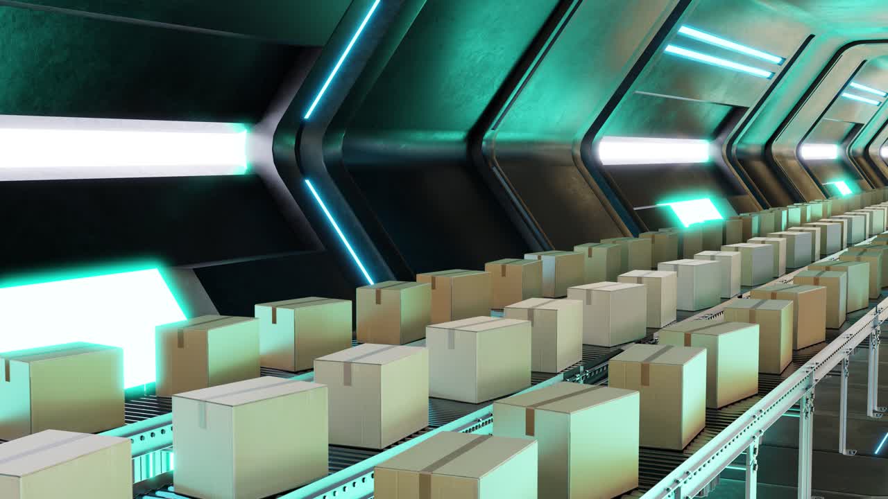 3D animation loop of carton boxes on conveyor system in modern factory