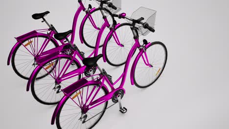 three purple 3d bicycles on white background, 3d animation, camera zoom out slowly