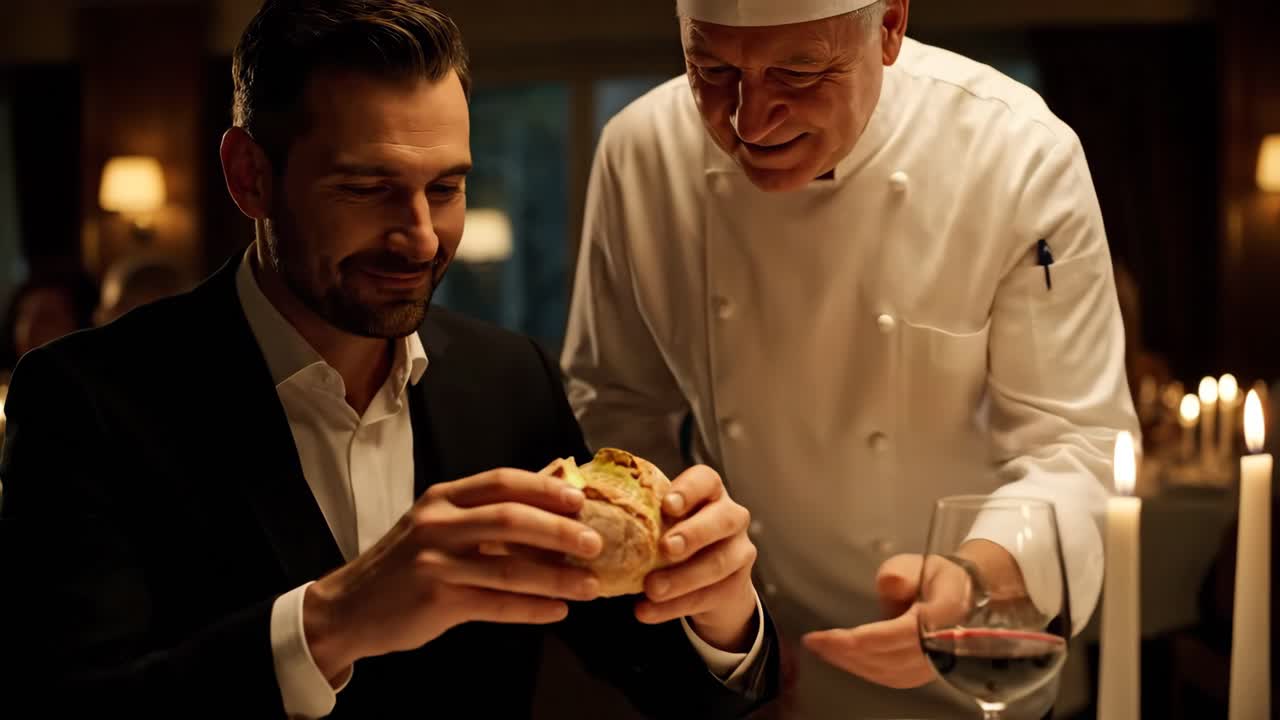 Man receives bread from chef at restaurant
