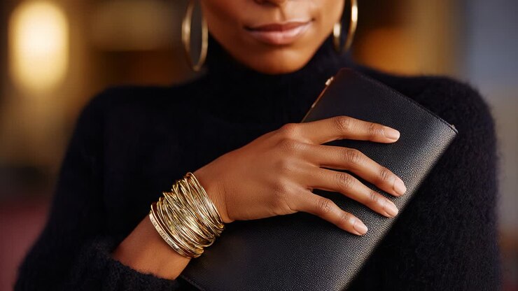 A close-up view of a woman's hand elegantly holding a chic black wallet adorned with shiny gold bangles, showcasing a style characterized by sophistication and modern flair, perfect for fashion enthusiasts