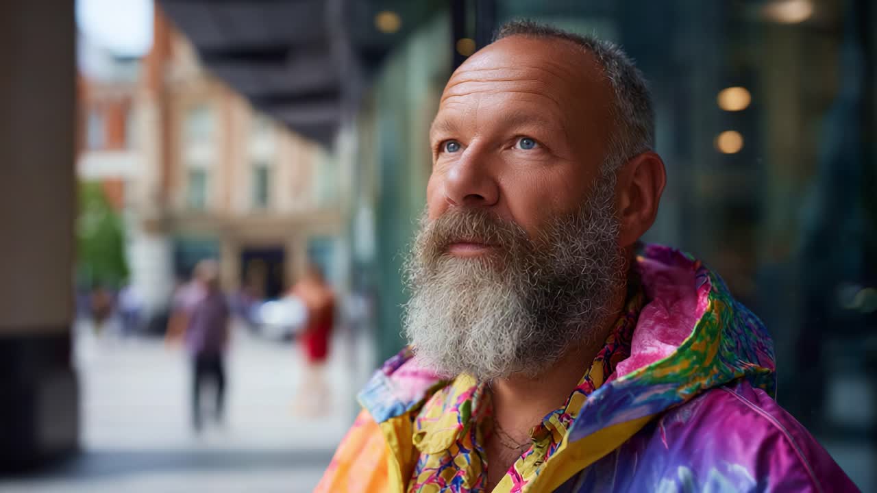 Un uomo riflessivo in abiti colorati osserva cif che lo circonda con un'espressione pensierosa in un vivace ambiente urbano, catturato in due diverse inquadrature