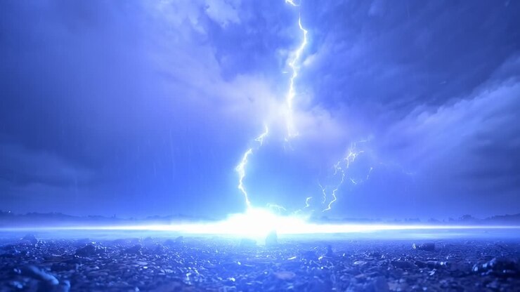 Nuvola bassa di tempesta che sprigiona fulmini frastagliati dopo il bagliore bluastro dell'orizzonte sulla ghiaia, illuminando la nebbia