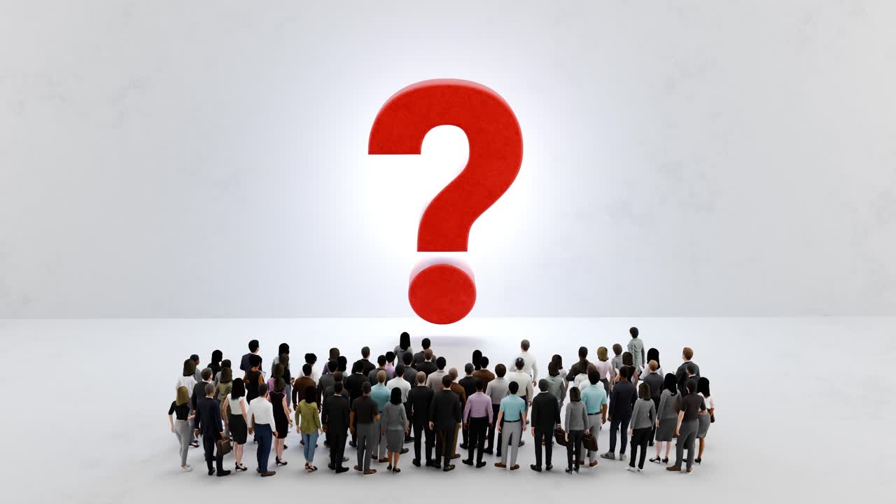 Folla di persone di fronte a un grande punto interrogativo rosso