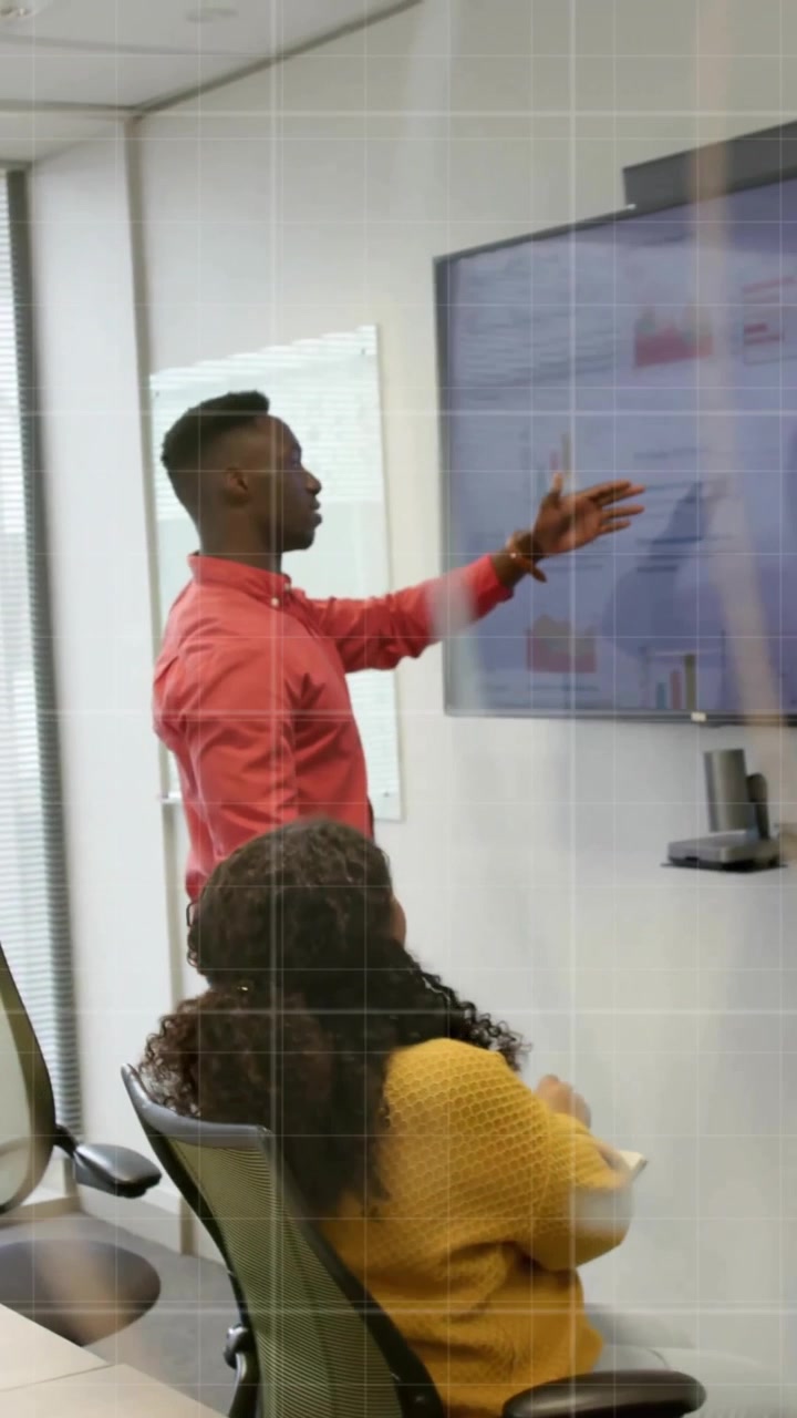 Animation of data processing over diverse business people in office
