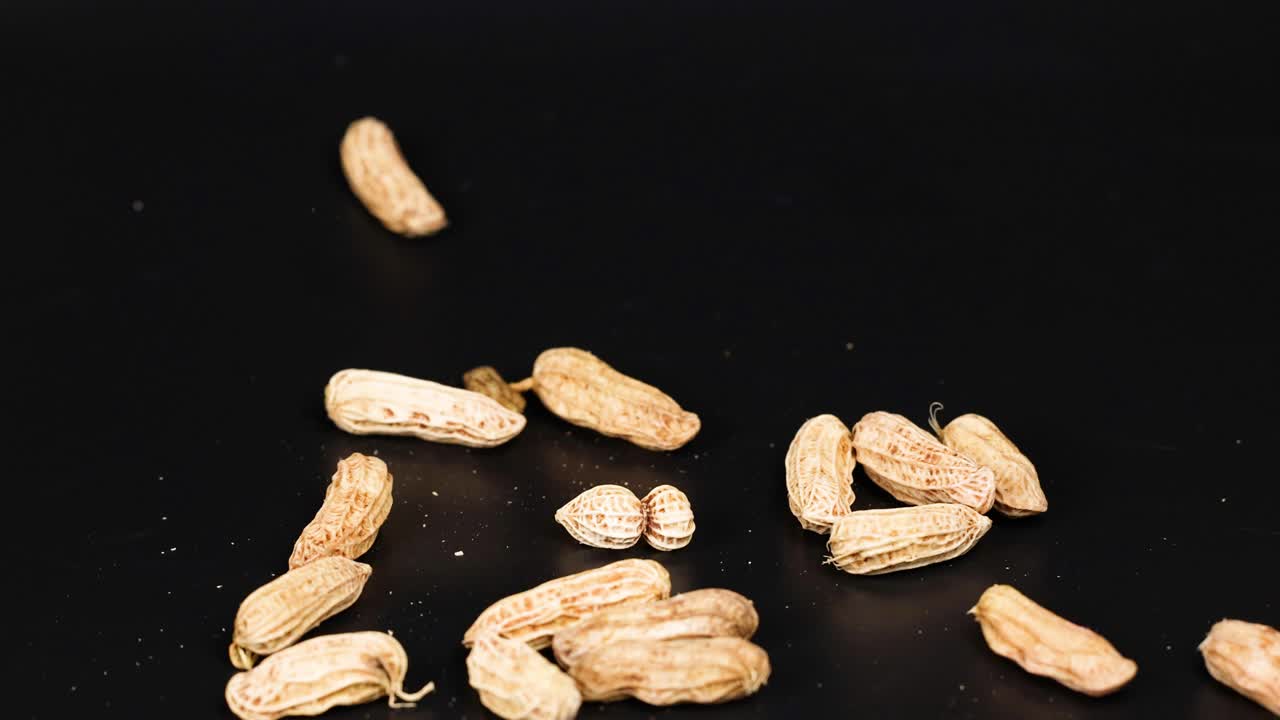 검은 바탕에 땅콩이 떨어지고 어지고 있습니다.