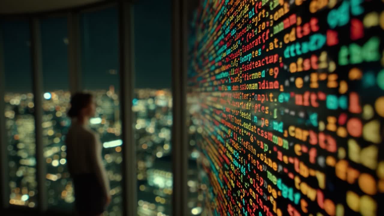 A person gazes thoughtfully at a vibrant digital landscape filled with colorful code, reflecting the intricate relationship between technology and urban life at night