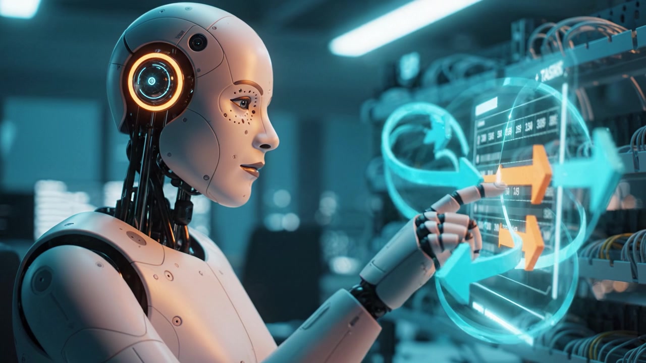 A humanoid robot interacts with a digital interface, showcasing advanced technology and data manipulation, illustrating the future of artificial intelligence applications.