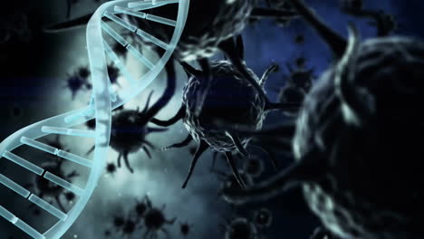 animation of dna strand over virus cells on black background