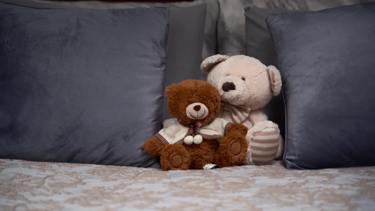 Two Teddy Bears on the double, grey bed