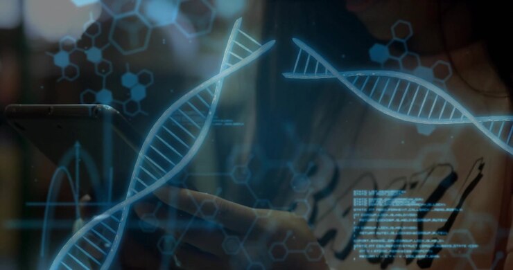 Woman tapping tablet and activating floating DNA helix while scrolling code for genetic analysis