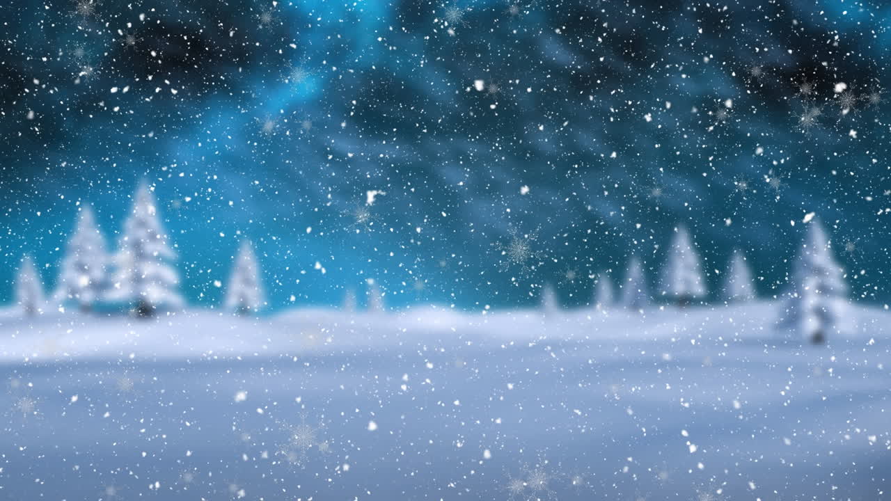 Animation of snow falling over winter landscape and northern lights