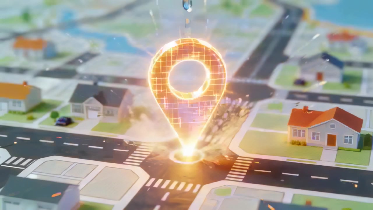 Descending droplet causing glowing orange pin forming on suburban map intersection, marking spot