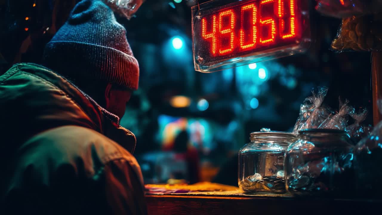 A solitary figure stands before a vibrant display of illuminated currency, contemplating choices amidst a night market scene rich with color and atmosphere, evoking feelings of curiosity and anticipation