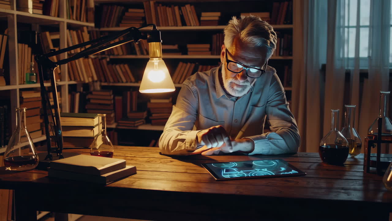 Senior Researcher Analyzing Data on Tablet in a Library Laboratory