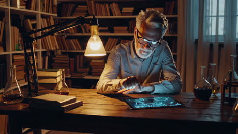 senior researcher analyzing data on tablet in a library laboratory