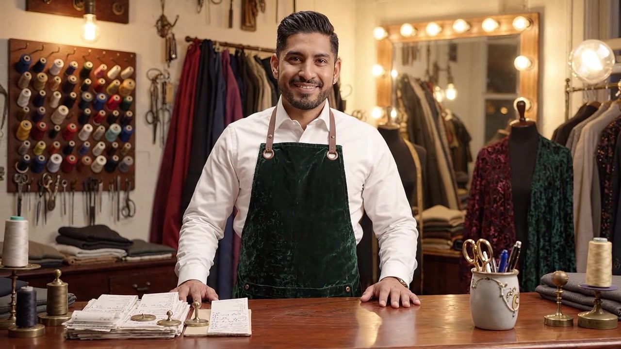 Sastre en taller: Un artesano hábil con herramientas de costura, rodeado de telas coloridas e hilos, listo para crear prendas únicas para clientes.