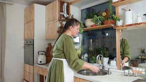 lady in green dress and white apron washes fresh blackberries under running kitchen tap beside window with potted plants, reflected in mirror, preparing fruit in clean cozy kitchen environment