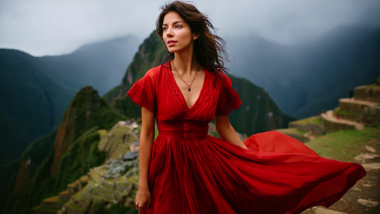 A Captivating Woman in a Flowing Red Dress Stands Amidst Majestic Mountains Under a Dramatic Sky, Exuding Grace and Beauty in a Stunning Natural Landscape