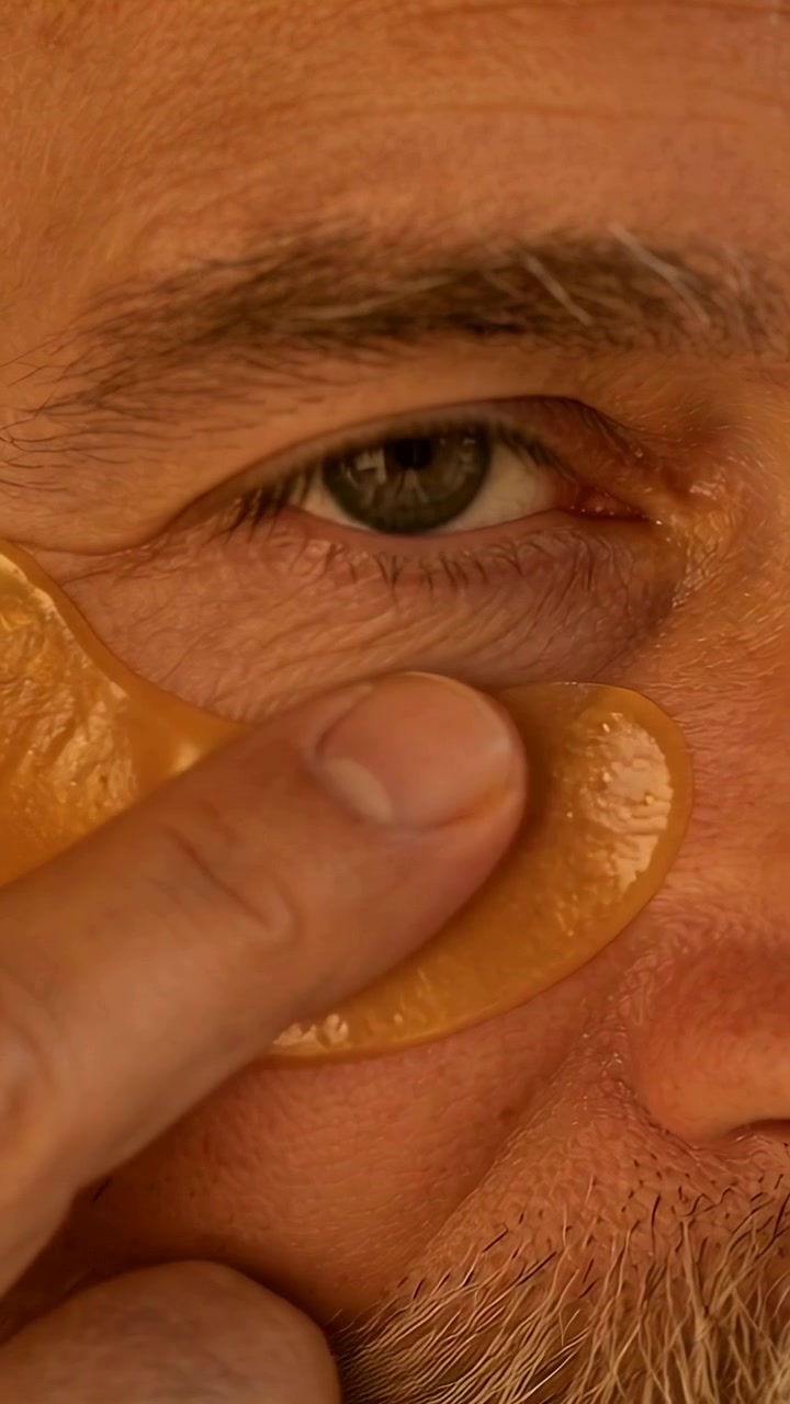 Video verticale: Uomo che leviga premendo con il dito un patch occhi in gel dorato alla toeletta, riducendo le rughe.