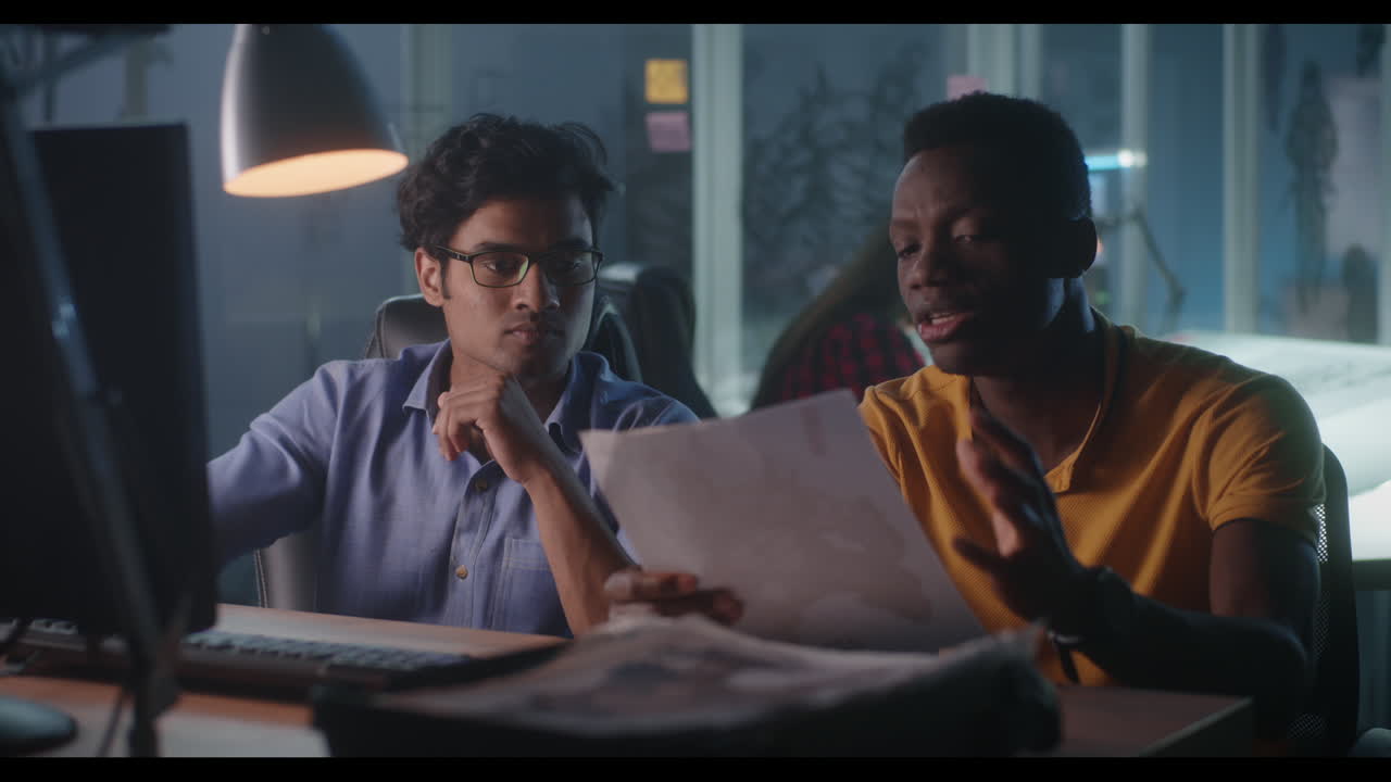 Two colleagues reviewing documents at night