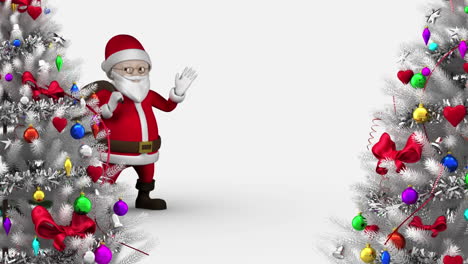 animación digital de santa claus agitando y dos árboles de navidad contra un fondo blanco