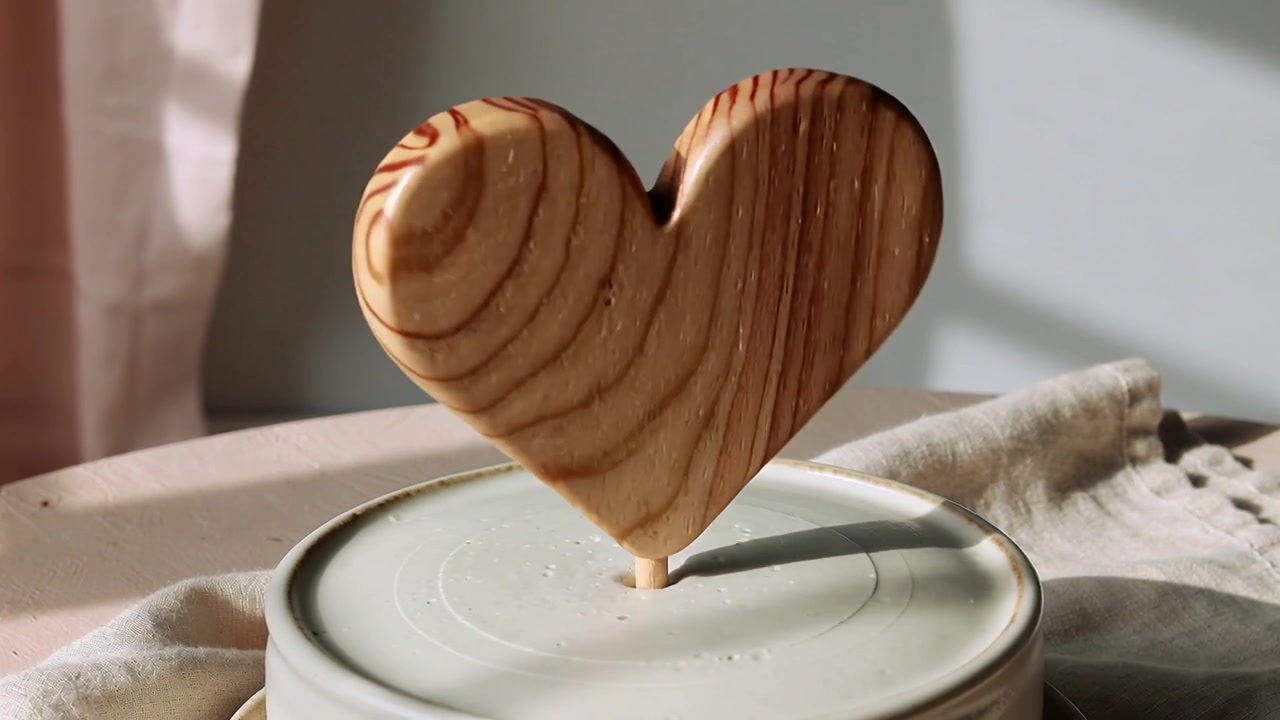 Rotating pale wooden heart on peg revealing grain and changing shadow on ceramic lid near window