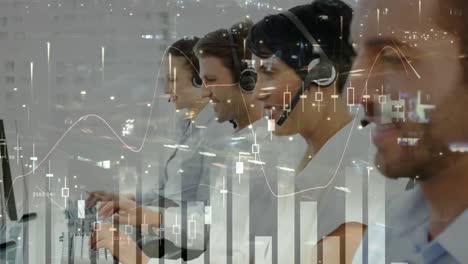 Animation-of-statistics-and-data-processing-over-businesswoman-wearing-phone-headset