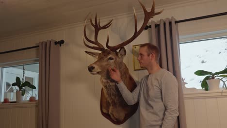 proud man checking his massive deer buck trophy in the living room