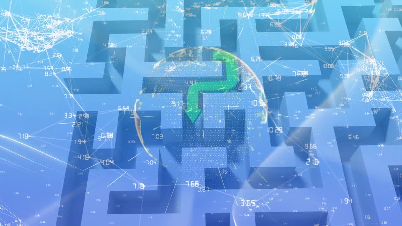 파란 공간에서 회전하는 화살표, 미로, 숫자 및 지구의 애니메이션