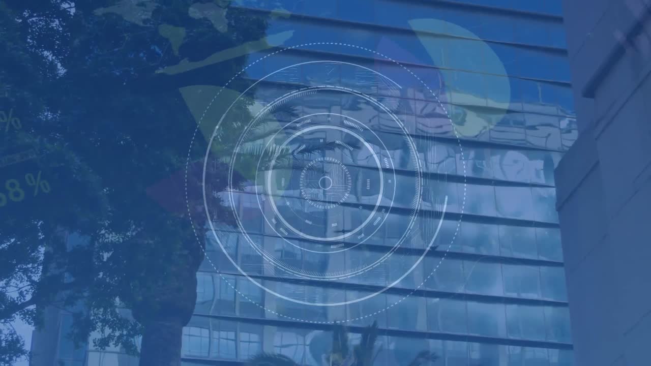 animación de flechas y procesamiento de datos financieros sobre el paisaje urbano.