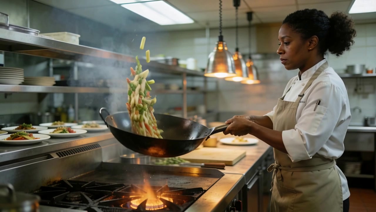 Chef che salta le verdure nel wok sulla fiamma, con giacca e grembiule, per l'impiattamento, spazio per il testo.