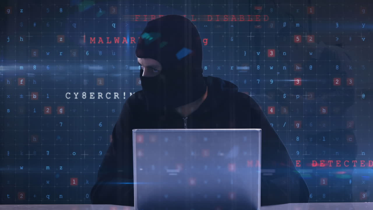 Animation of cyber attack warning and hacker over caucasian man in server room