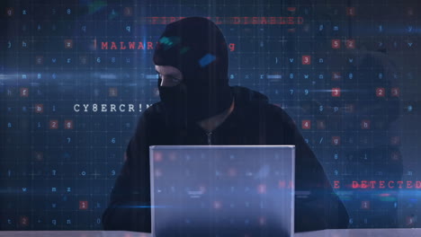 animación de advertencia de ataque cibernético y hacker sobre hombre caucásico en la sala del servidor