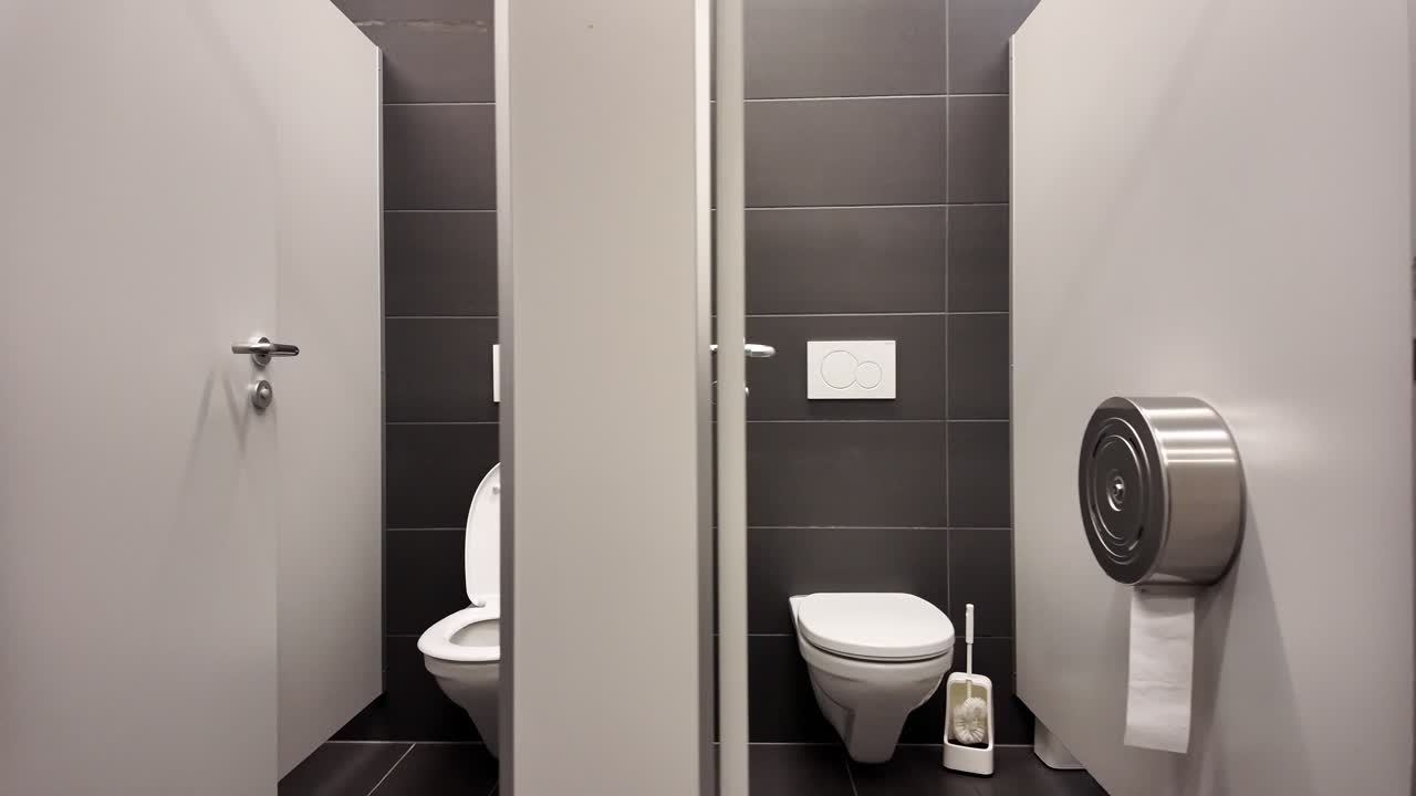 Symmetrical view of two sleek, tiled toilet stalls in a public restroom, featuring white ceramic toilets, wall-mounted flush buttons, and a large stainless steel toilet paper dispenser.
