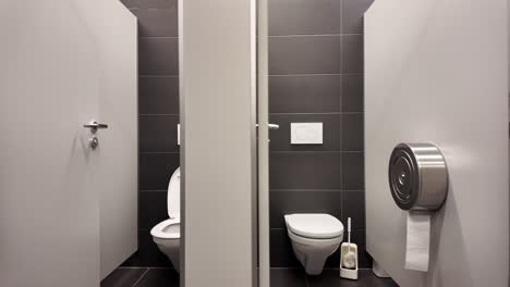 symmetrical view of two sleek, tiled toilet stalls in a public restroom, featuring white ceramic toilets, wall-mounted flush buttons, and a large stainless steel toilet paper dispenser.