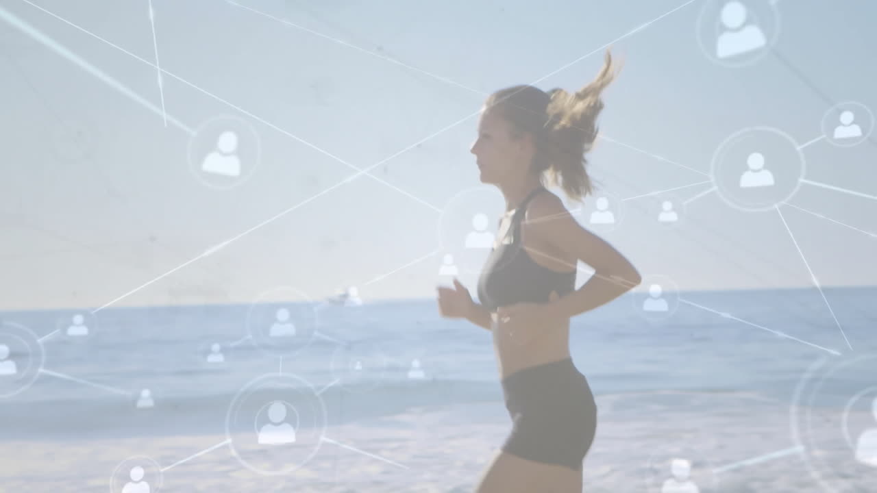 Jogging on beach, woman with animation of social media network icons