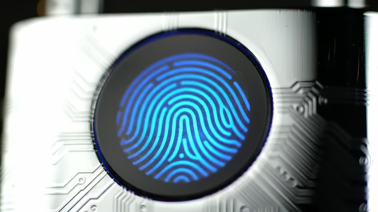 A Close-Up View of a High-Tech Fingerprint Lock Mechanism with an Illuminated Sensor Marking and Intricate Circuit Design for Enhanced Security and Privacy Protection