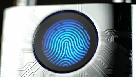 a close-up view of a high-tech fingerprint lock mechanism with an illuminated sensor marking and intricate circuit design for enhanced security and privacy protection