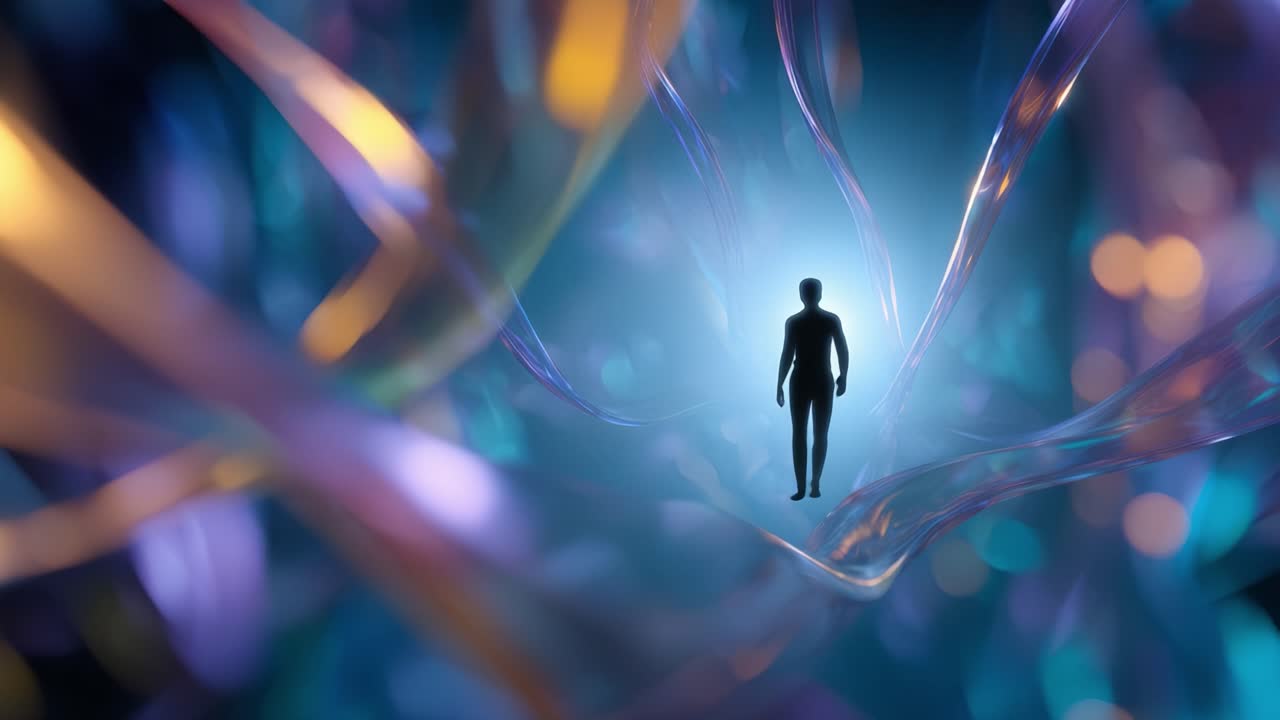 A solitary figure navigating an ethereal space filled with vibrant, flowing ribbons of light, evoking a sense of wonder and exploration in a surreal environment