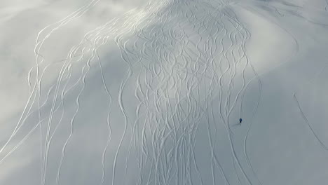 Aerial-follow-camera-of-a-male-freeride-skier-that-is-doing-powder-turns-down-a-mountain