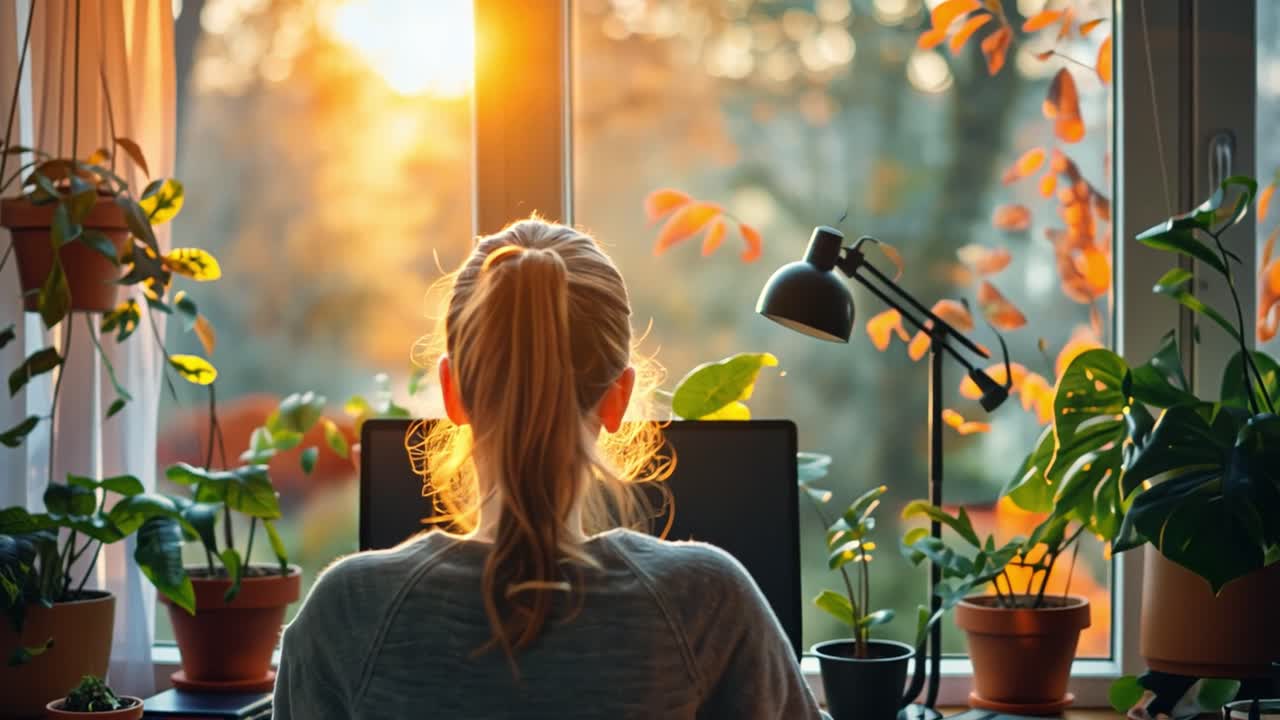 Woman working from home surrounded by plants in a cozy home office